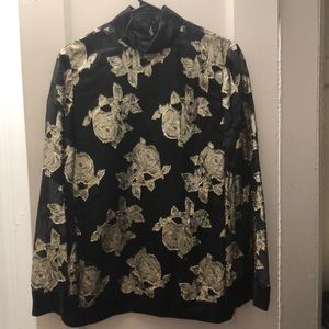 Black Sheer Tunic Top with Gold Floral Embroidery